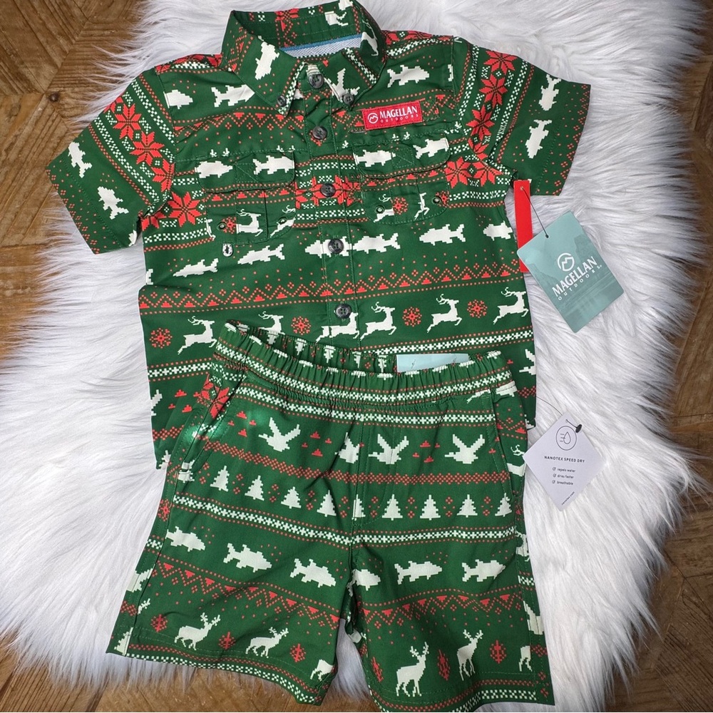 Magellan Fish Gear Holiday Set button down shirt with shorts NWT
